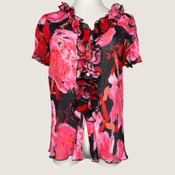 Vintage Y2K Pink Floral Ruffle Blouse Button Up - Picture 1 of 8
